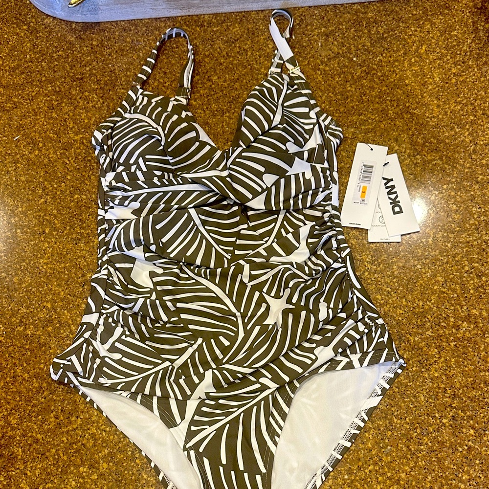 DKNY Womens Tropical Leaf One Piece - Brown and White